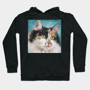 Painting of an Adorable Calico Tri-Color Cat with Gorgeous Green Eyes Hoodie